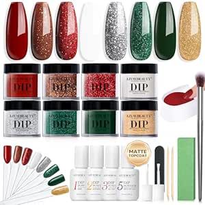AZUREBEAUTY 30Pcs Dip Powder Nail Kit Starter, 8 Colors Green Red Gold Silver White with Nail Swatch Sticks, Nail Art Liquid Set with Matte/Base/Top Coat Activator for French Manicur